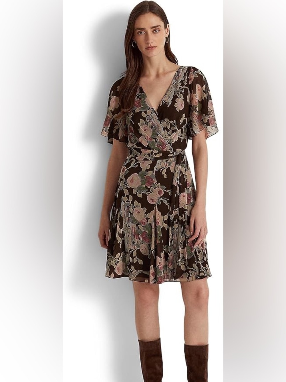 NWT Lauren Ralph Lauren Womens Georgette Surplice Mini Fit & Flare Dress Size 4